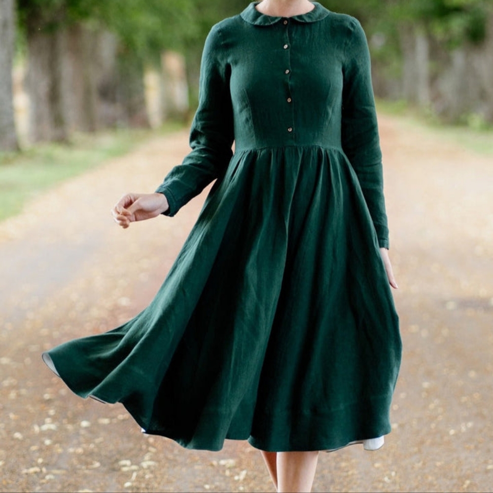 Son de Flor Forest Green Evergreen Linen Dress